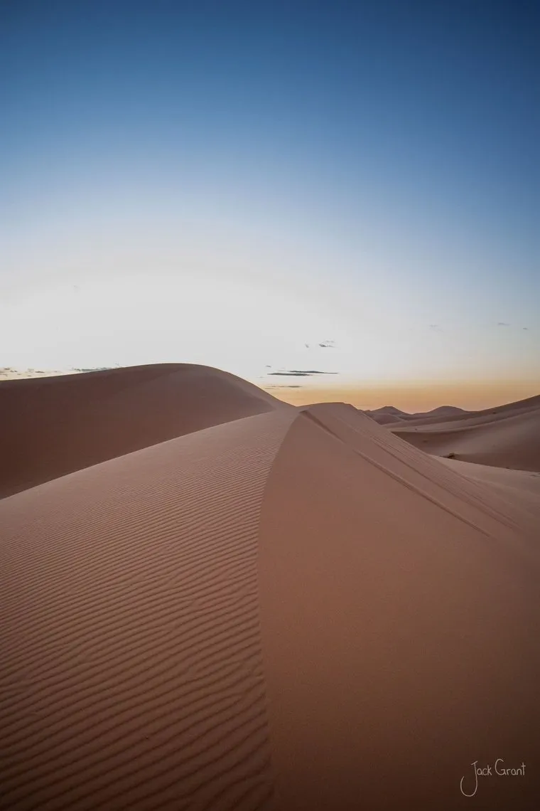 Wind-rippled sand dune ridge curving into shadow at dusk, Sahara, Morocco