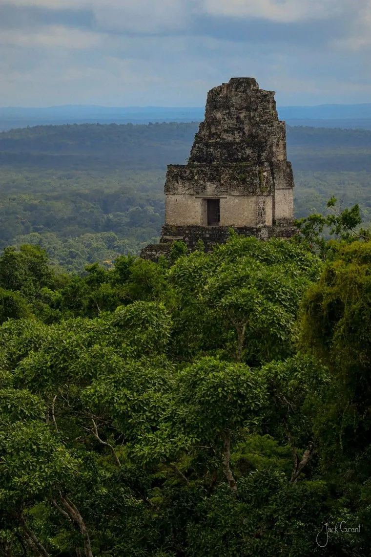 Ancient Mayan temple rising above the rainforest canopy at Tikal, Guatemala